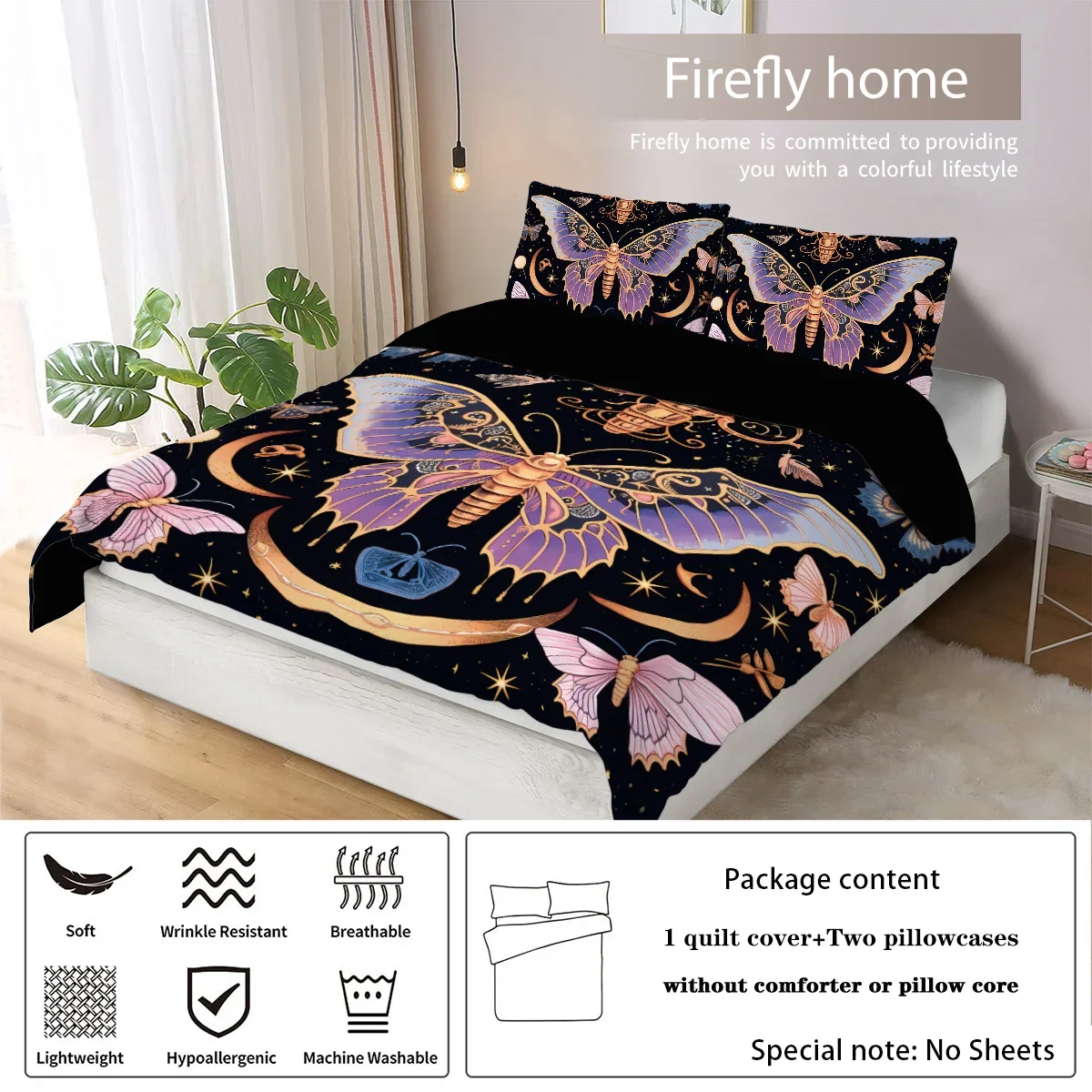 3-piece down duvet cover set with exquisite butterfly pattern print (1 duvet cover+2 pillowcases, no core) Soft bedding set