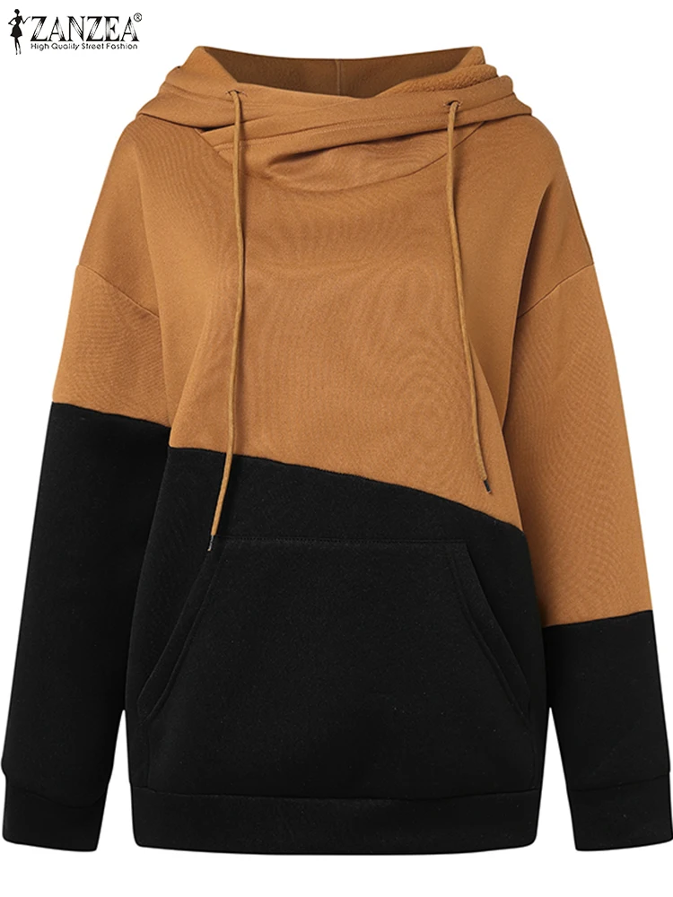ZANZEA Holiday Hooded Drawstring Tops Women Colorblock Hoodies Fashion Long Sleeve Sweatshirt 2024 Autumn New All-match Pullover 4
