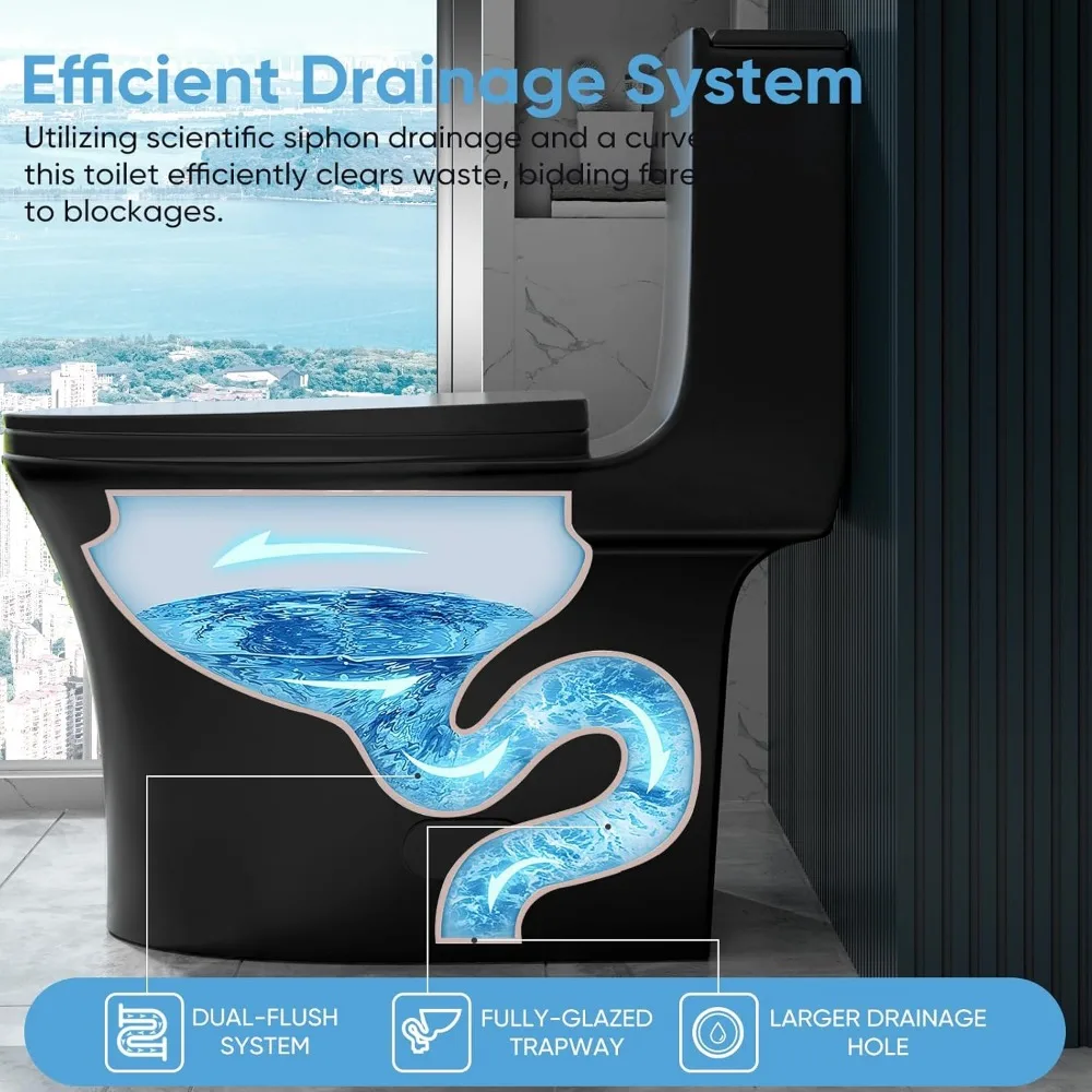 One Piece Toilet,  Dual Flush Toilet with 15.1"W Soft-Close Seat,17" Comfort Height Seat,Standard Elongated Toilet for Bathrooms 4