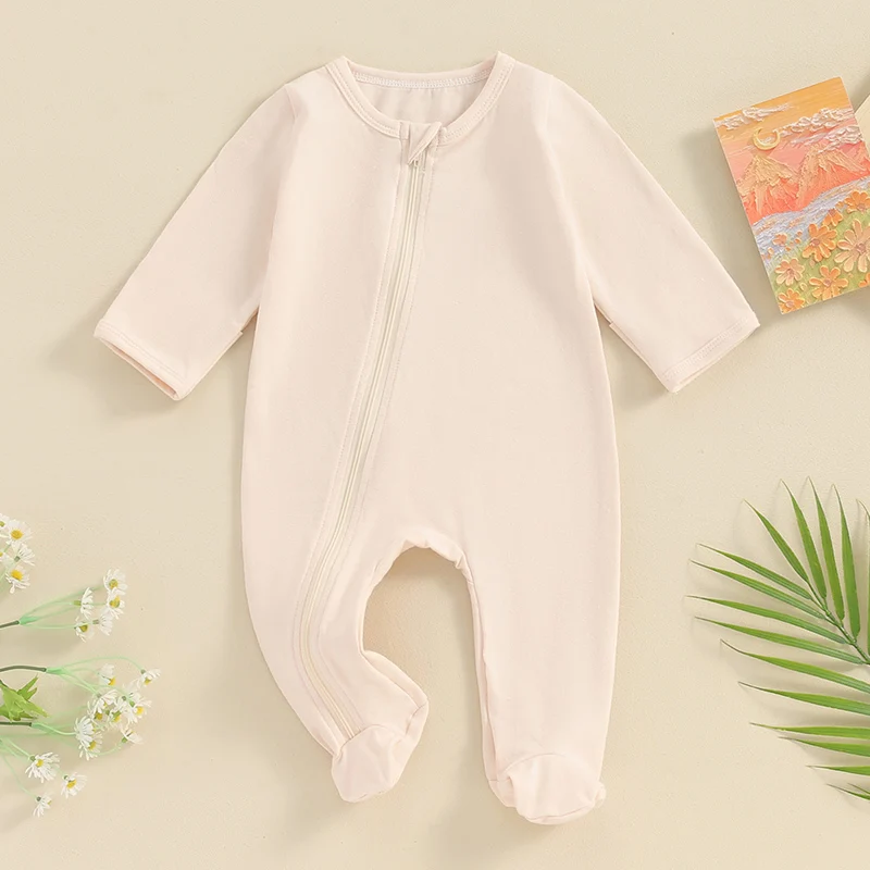 Description Picture 2 of itemBaby Boys Girls Footie Jumpsuits Long Sleeve Solid Color Zip Up Rompers Newborn Pajamas Clothes