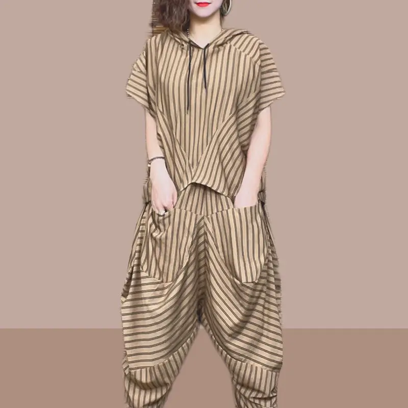 

Female Casual Striped Patchwork Pants Sets Stylish Irregular Korean Hooded Drawstring Summer Elastic Haren Pants Matching Sets
