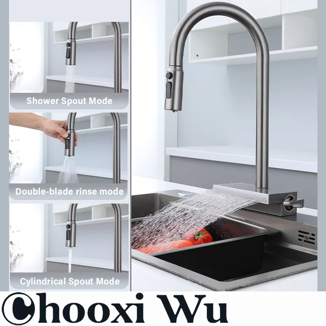 ก๊อกน้ําสแตนเลสแบบดึงออกในครัว ดีไซน์แบบดึงออก พวยกาแรงดันอเนกประสงค์ ระบบควบคุมคู่ร้อนและเย็น 1