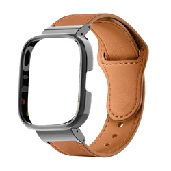 Leather Strap Metal Case Protector for Redmi Watch - Premium Watchband Bracelet Shell Frame (Brown-black case)