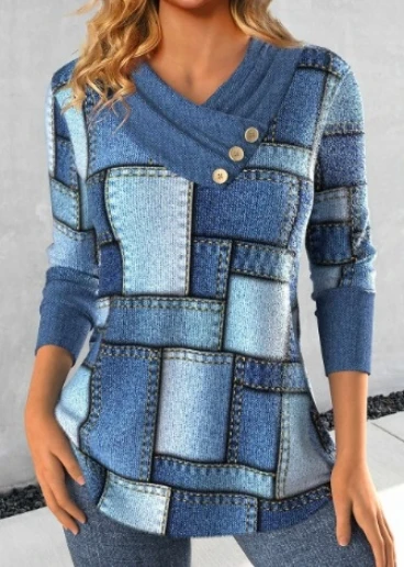 Imitation Denim Print New Fashion Hot Selling New Patchwork Three Button V-Neck Contrasting Long Sleeved Pullover