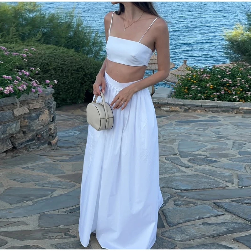 Conjunto de falda larga y camisa de tubo sexy para mujer, camisetas cortas sin mangas retro, conjuntos de faldas plisadas de cintura alta, para vacaciones en la playa