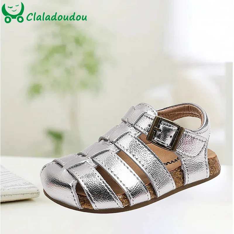 

Brand 14-19cm Kids Girls Sandals Bright Silver Genuine Leather Weave Summer Shoes For 3-6years Children Woman,Closed Toe Shoes