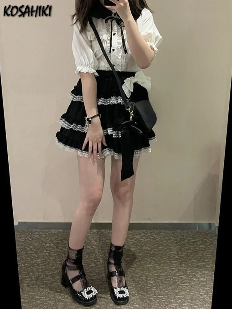 Japanese Kawaii Mini Cake Skirt Womens Black Casual Elegant Lolita Sexy High Waist Lace Y2k Aesthetic Sweet Gothic Faldas 2