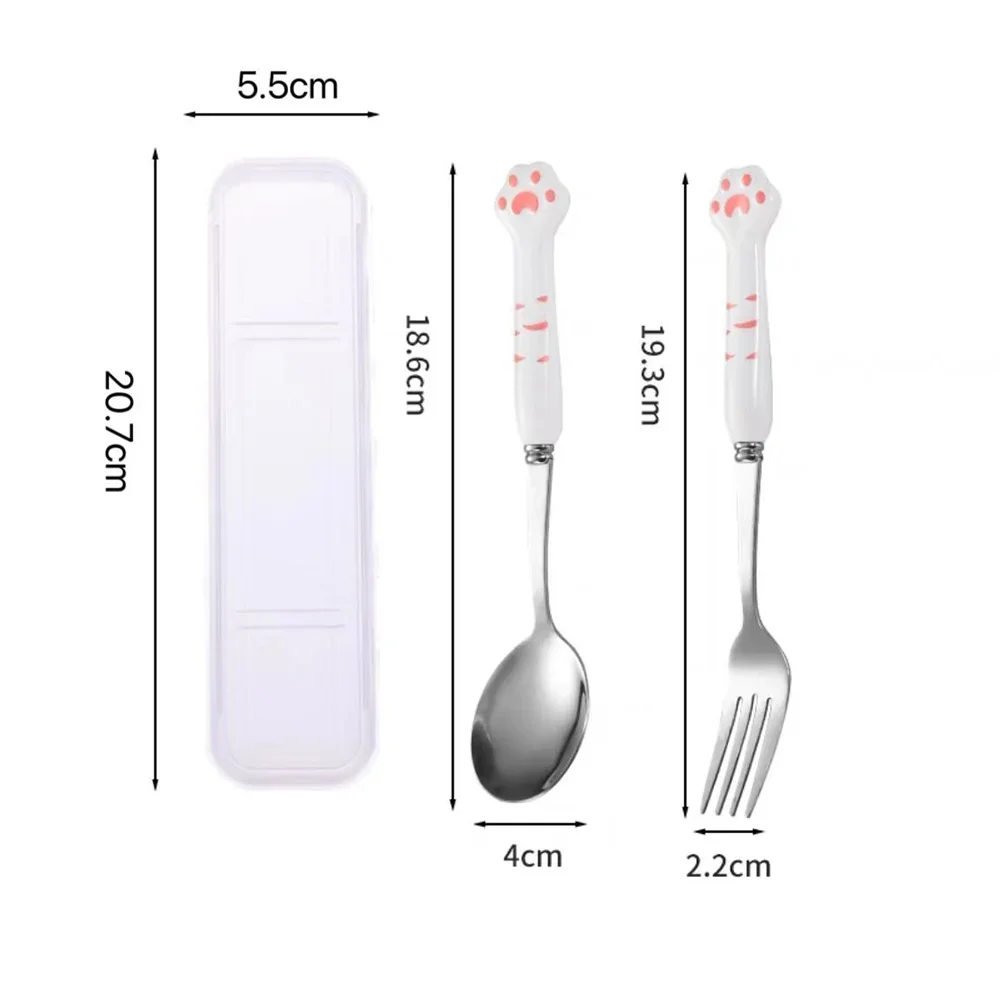 Stainless Steel Cutlery Set Fork Spoon Set Stainless Steel Spoon and Fork Set with Storage Box Portable Tableware Cute Cat Paw Shaped Dinnerware Kit for Adults Kids School
