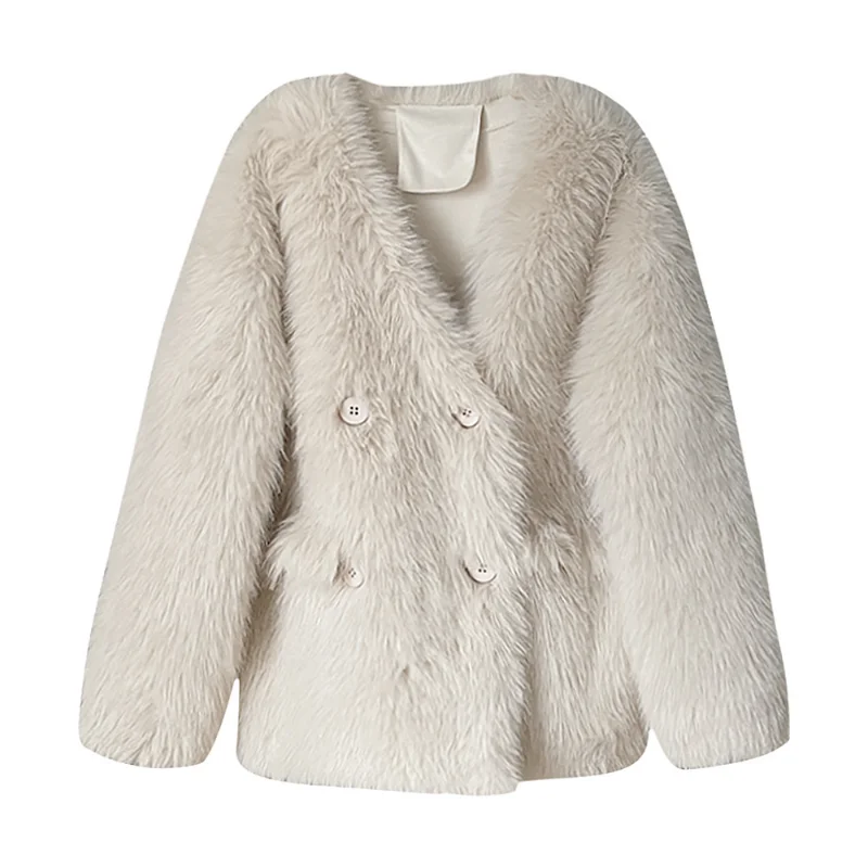 Women Luxury V-neck White Fur Coat Female Winter New Korean Fashion Loose Basic Elegant Warm French Long Sleeve Gray Fur Coat