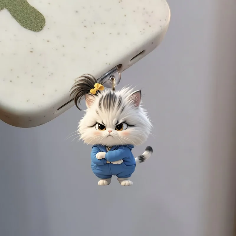 2D 평면 폭발적인 화난 고양이 아크릴 폰 먼지 방지 스토퍼 (아이폰 및 C타입 충전 포트 보호 장식 액세서리)