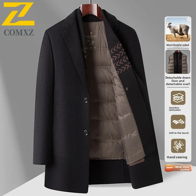 COMXZ High Quality Winter Jacket Hooded Warm Minimalist Ski Padded Jacket 2025 Work Luxury Classic Long Wool Coat Men's Clothing