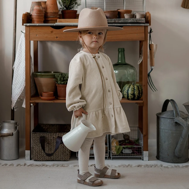 Autumn Retro Corduroy Buttons Up Long-Sleeved Dress For Girls New Children's Casual Loose Ruffled Princess Dresses TZ357