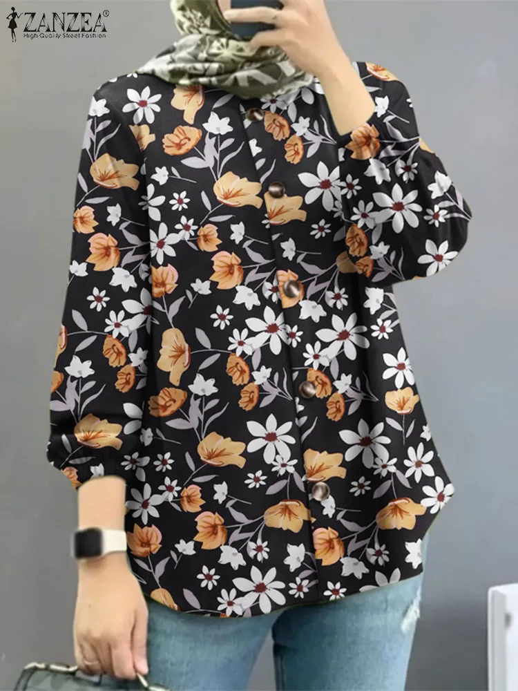 

Модная блузка ZANZEA с цветочным принтом, с рукавами-фонариками и круглым вырезом, модная винтажная женская блузка большого размера