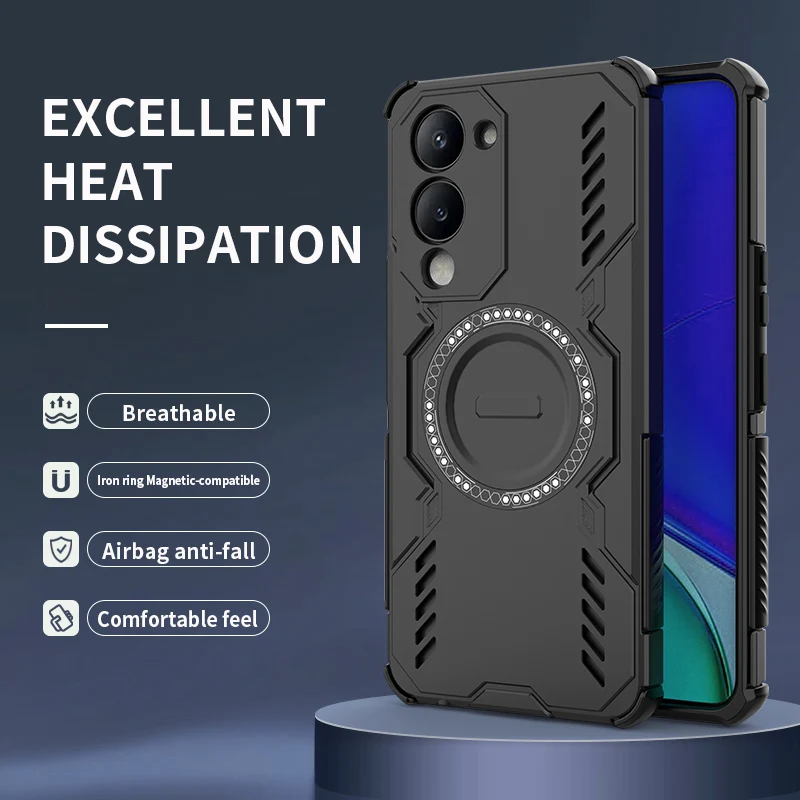 Rugged Armor Shockproof Phone Case with Heat Dissipation and Magnetic Cover