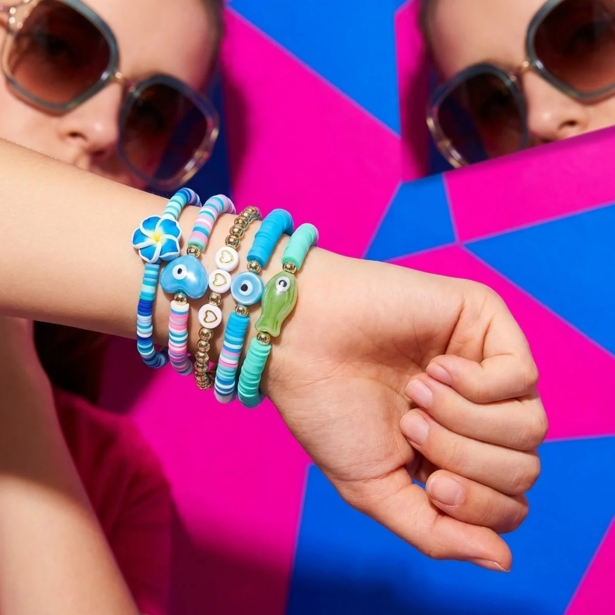 Weiche Polymer-Ton-Blumen-Keramik-Fisch-Herz-Böser-Blick-Armbänder für Damen und Herren – Sommerliche florale gestapelte Armreifen für Strandurlaub und Schmuck – Detail 11