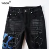 Men's Slim Fit Jeans Frayed Ripped Hole Patchwork  Snake Embroidery Denim Pants Streetwear Hip Hop Small Leg Jeans Trousers Male 3