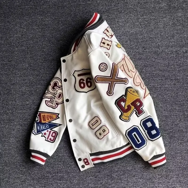 

Y2K Baseball Uniform Jackets retro trend leather jacket Multi-letter embroidery white short coat 2023 Men's spring and autumn