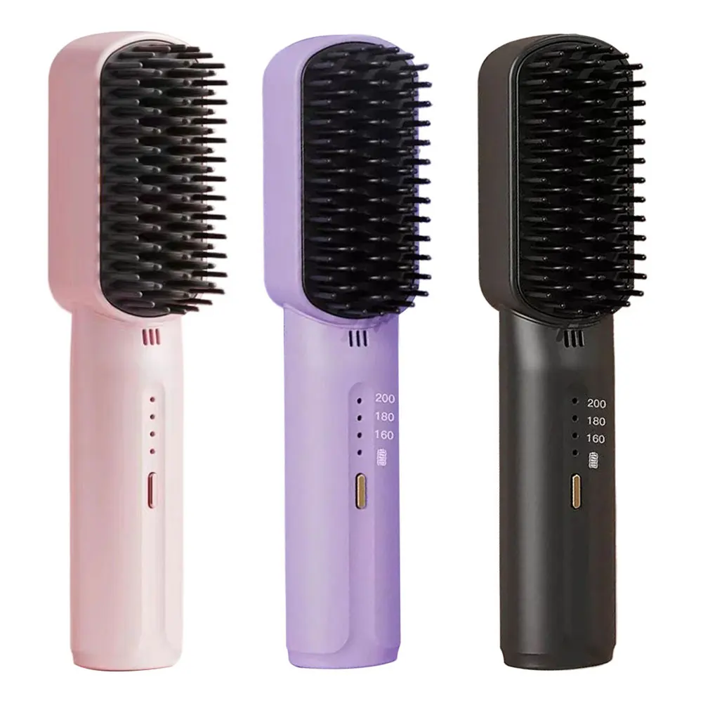 Cordless Electric Hot Comb Rechargeable Portable Straightening Brush Anti-Scald Hair Straightener Comb 3 Temp Settings for Women
