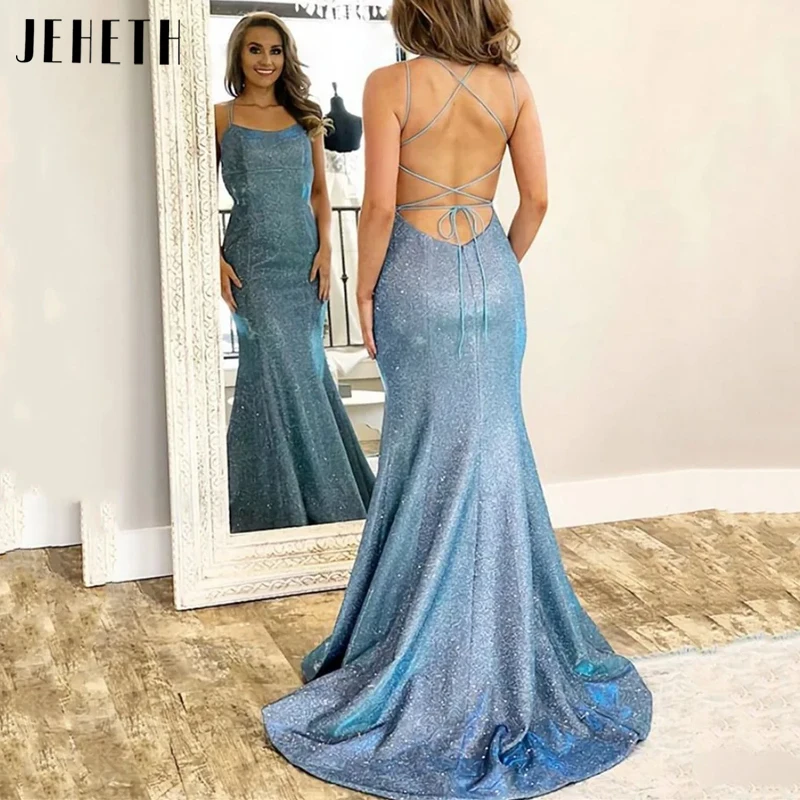 

JEHETH Blue Shiny Tulle Elegant Backless Evening Dress Sexy Lace Up Mermaid فساتين مناسبة رسمية Charming Scoop Prom Gown Formal