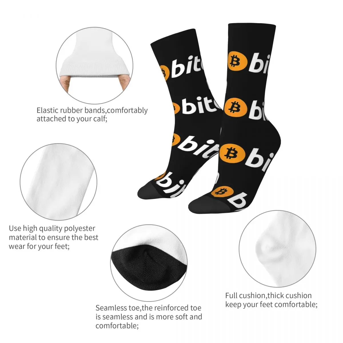 Funny Crazy Sock for Men Bitcoin Hip Hop Vintage Bitcoin Happy Seamless Pattern Printed Boys Crew Sock Novelty Gift