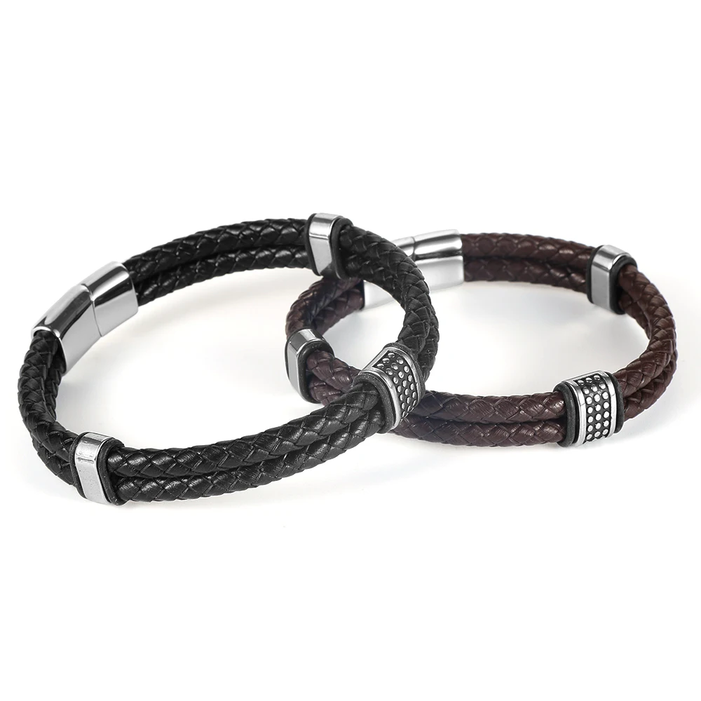 

Nabest Man Bracelet Double-Row Braided Genuine Leather Bracelet Black Bangle Wristband Stainless Steel Charm Magnetic Buckle