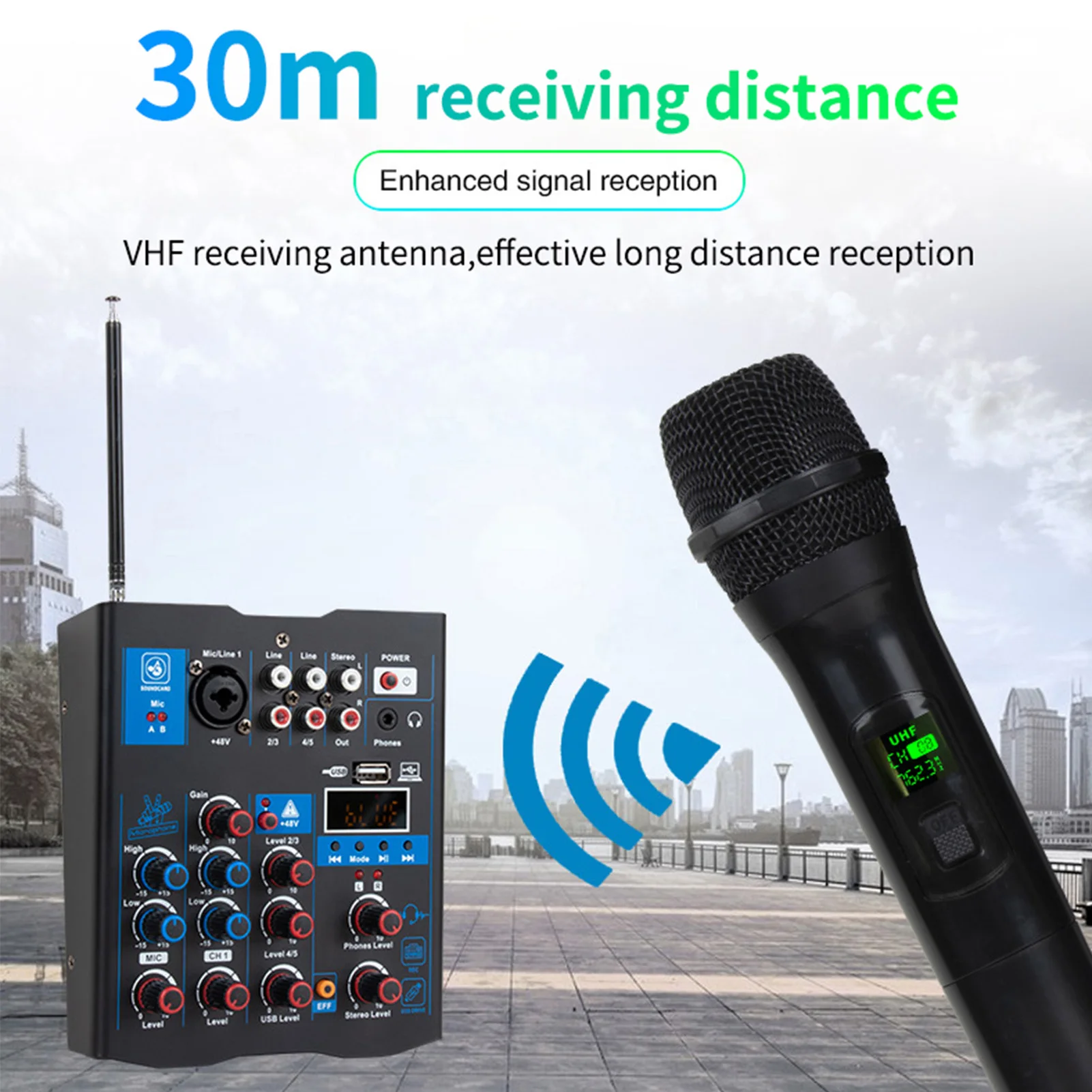 Professional Sound Mixer With Dual Wireless Microphone Sound Board Console System 3 Channel DJ Mixer for DJ Karaoke PC Guitar