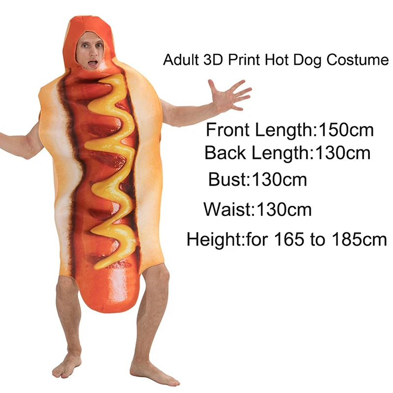 Adult Funny 3D Print Hot Dog Costumes Halloween Thanksgiving Food Sausage Christmas Unisex One-Piece Costume Carnival Jumpsuit