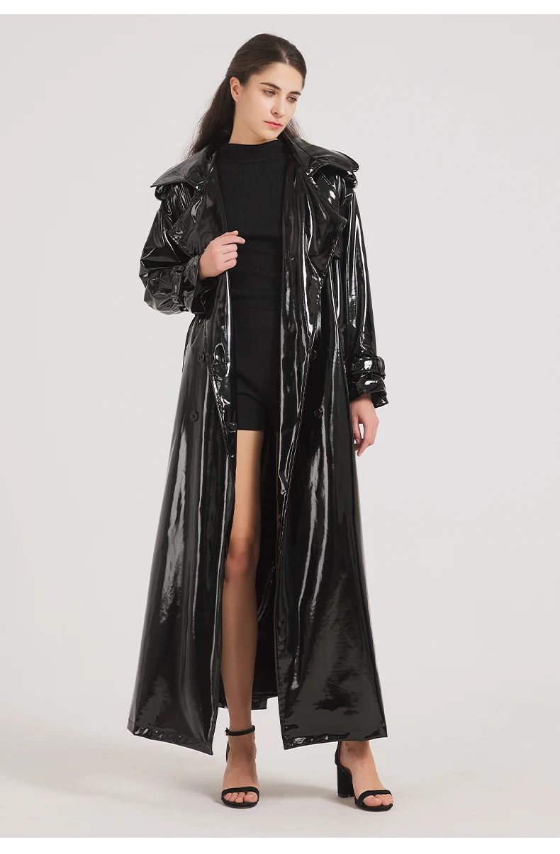 Lautaro Spring Autumn Extra Long Black Shiny Reflective Soft Stretchy Patent Leather Trench Coat for Women Maxi Overcoat 2024