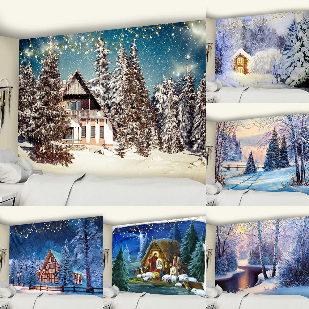 

Winter Forest Snow Scenery Printed Tapestry Home Living Room Bedroom Wall Decoration Background Fabric