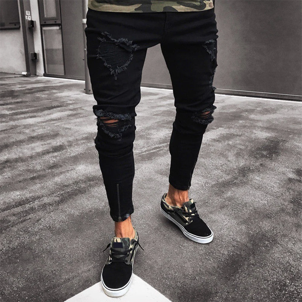 

Man Pants Pants High Street Motorcycle Long Jeans Slight Stretch Small Leg Jeans Solid Color Daily Holiday 1PC