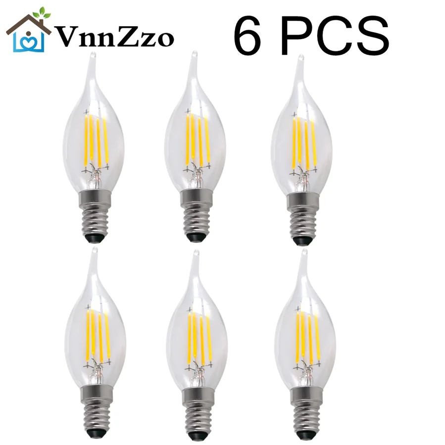 6pcs LED Bulb E14 2W/4W/6W Dimmable Edison Retro Filament Candle Light AC220V C35 Warm/Cold White 360 Degree Energy Saving