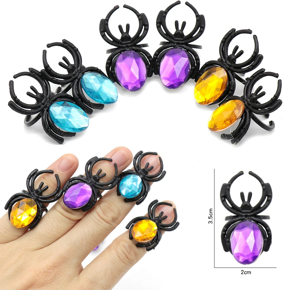 

10/20/30/50PCS Child Ring Plastic Beautiful Colorful Diamante Spider Ring Halloween Masquerade Party Props Gift For Girl Kid Boy