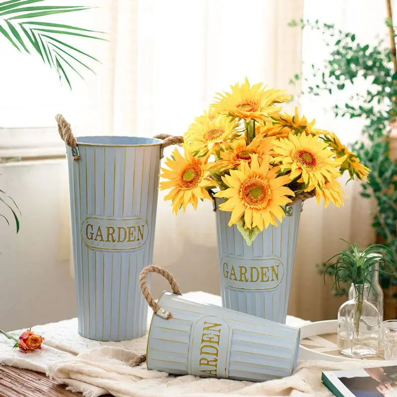

Retro Planter Pot Flower Vases Thickened Iron Sheet Dry Flower Bucket Flowerpot Office Home Balcony Floral Display Decoration