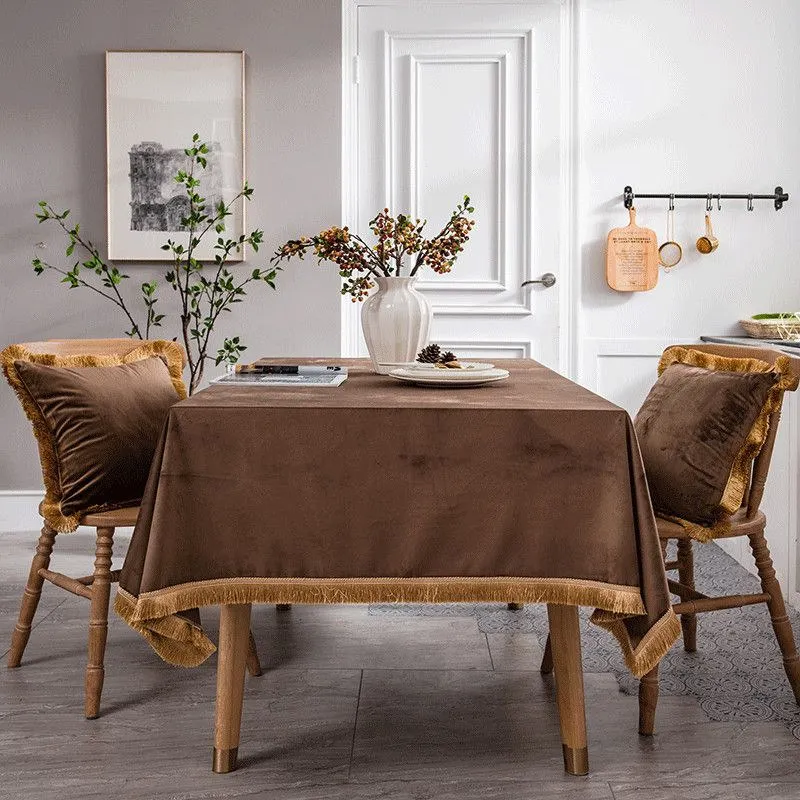 無地タッセルオランダベルベットテーブルクロスグリーンダイニング