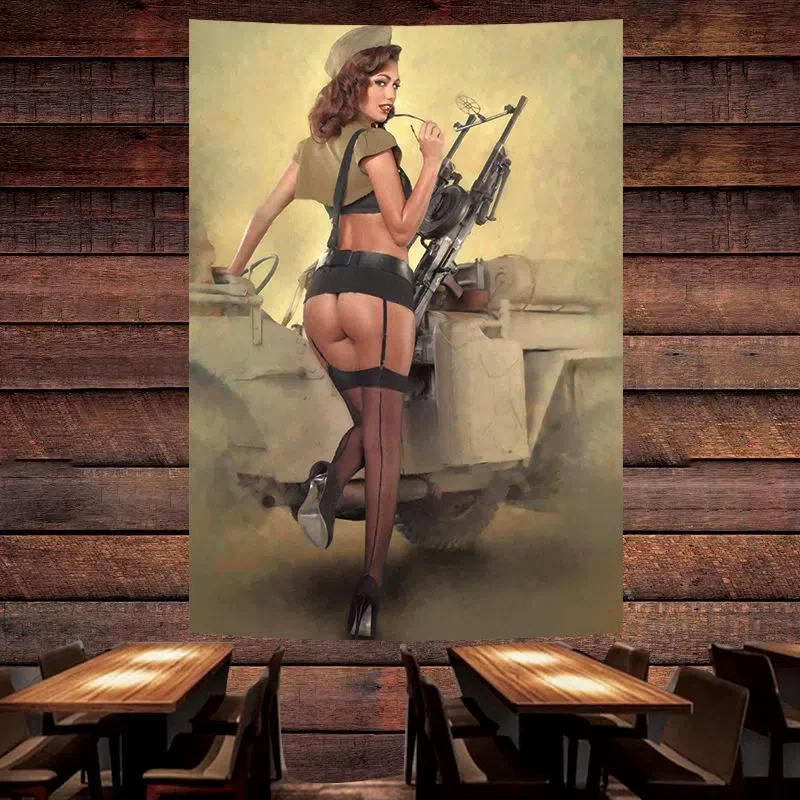 Sexy Machine Gunner Poster Banner Seducente Pin Up Art Flag Wall Painting Arazzo Bar Cafe Pub Man Cave Wall Decoration Sticker