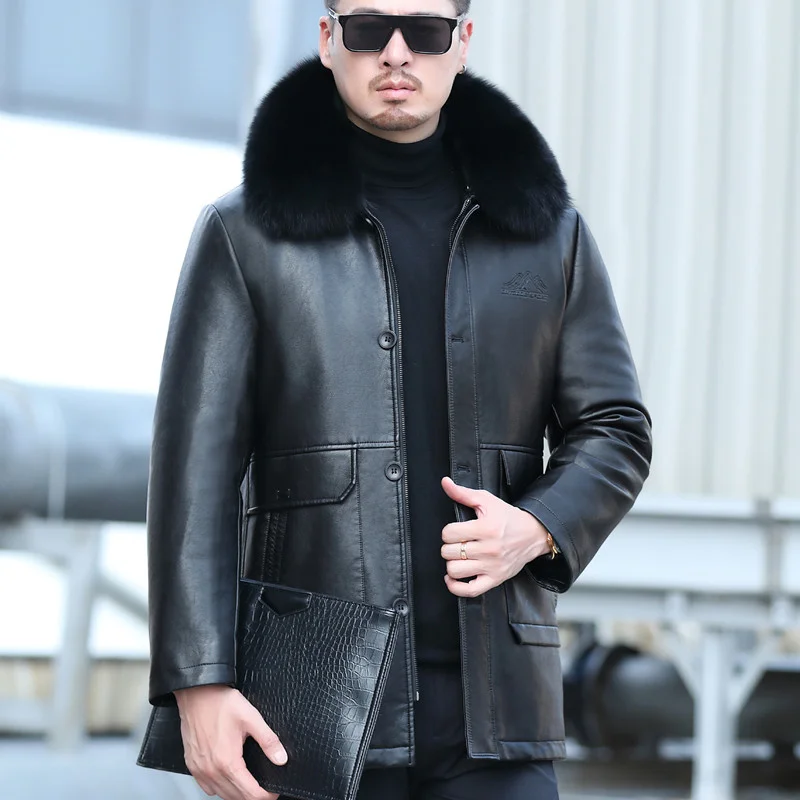 

YXL-839 Men's Leather Jacket Natural Cotton Sheepskin Casual Cotton Clothes Removable Liner Fox Fur Collar Mid-Length Winter