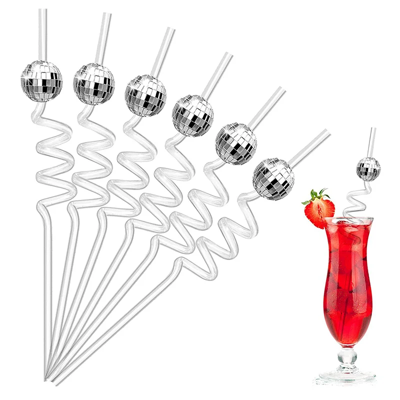 Mirror Ball Straws 6pcs Mirror ball party straw reflective ball screw straw disco personality elbow party decoration mirror