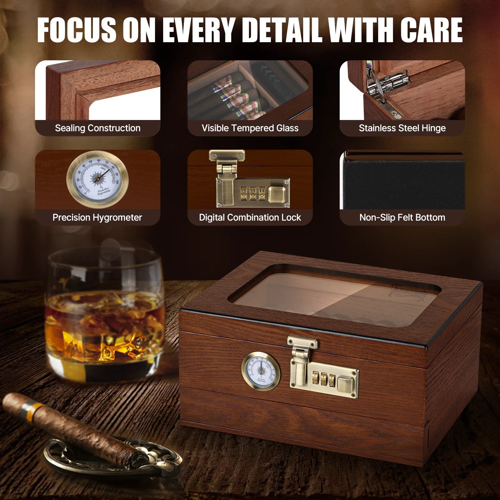 Cigar Humidor Cedar Wood Humidor Cigar Box Glass Top Desktop Humidor with Front Hygrometer Humidifier Divider Accessories Drawer 3
