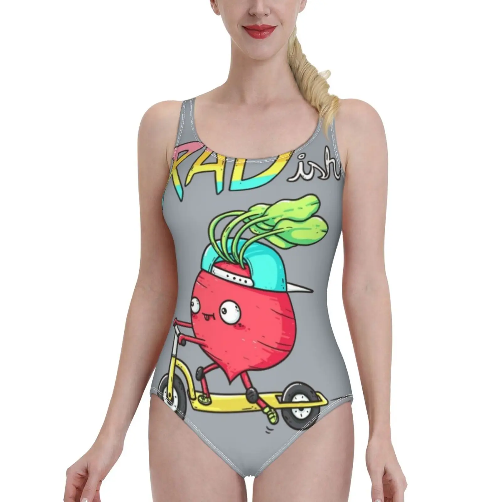 Ish Deep V-Neck Halter One-Piece Swimsuit Ladies Monokini Beach Bathing Suits Swimwear Rad Radish Cute Vegetable Cool Scooter images - 6