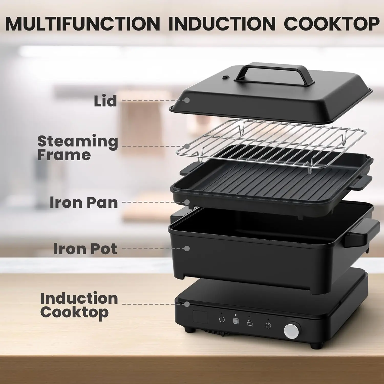 Portable Induction Cooktop 1500W with Grill Pan & Rack, Sensor Touch Hot Plate for Countertop, 6 Temp Levels, Auto Shut-Off