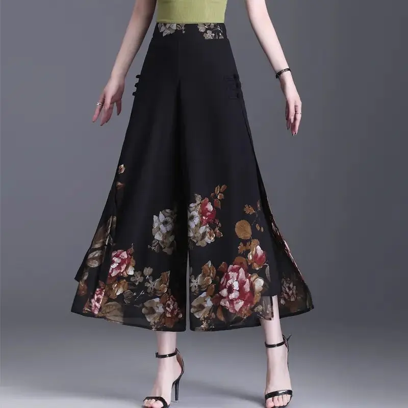 Summer Chinese Style Vintage Chiffon Wide Leg Pants Women High Waist Print Patchwork Pocket Button Straight Cropped Trousers