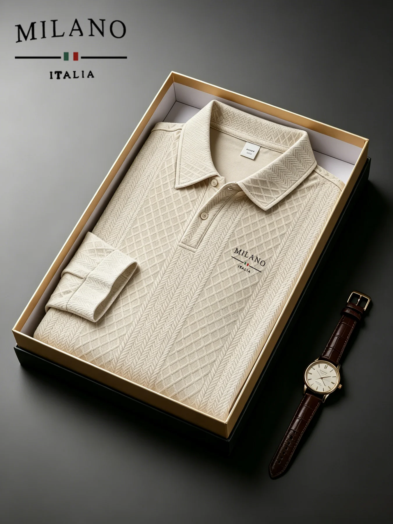 Polo a Maniche Lunghe Jacquard Testurizzato Milano Italia per Uomo, Casual Business Golf Pullover Top - immagine 5
