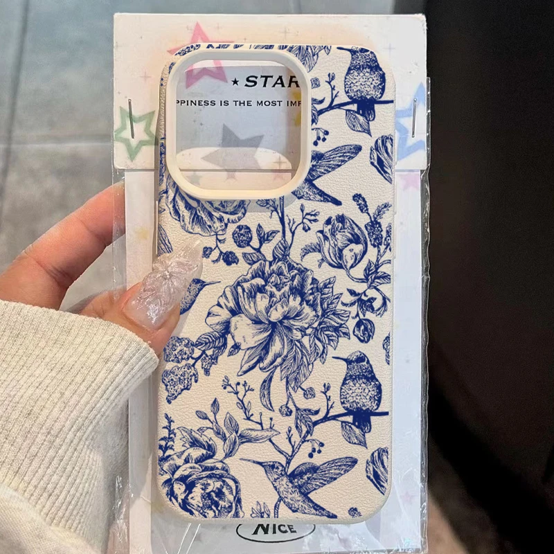 Elegant Blue Retro Floral Bird Pattern Phone Case - Soft Protective Cover