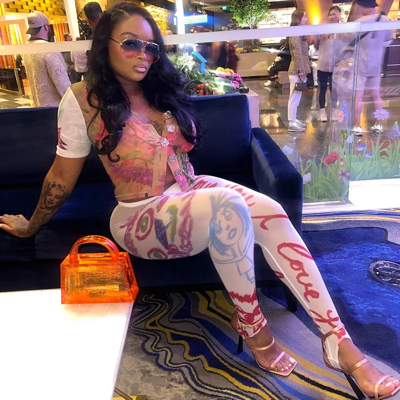 

Summer Sexy Floral Letter Print Mesh 2 Piece Sets Women Tracksuits Short Sleeve Single Shirts Top Leggings Pants Club Party Suit