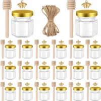 1.5 Oz Hexagon Mini Glass Honey Jars With Wood Dipper, Bee Pendants And Jutes, For Baby Shower, Wedding Favors, Party Favors 1