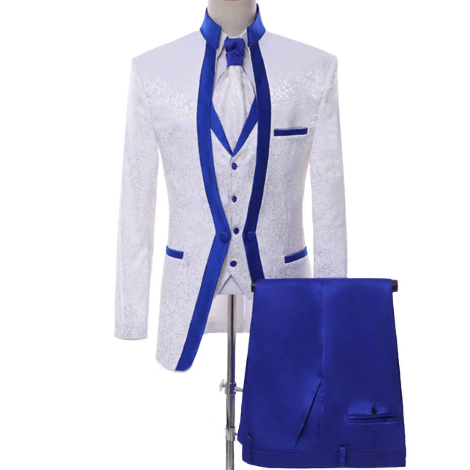 

Wedding Suit for Men White Floral Royal Blue Coat Slim Fit Groom Blazer Vest Pants 3 Piece Set Formal Tuxedo Male Outfits