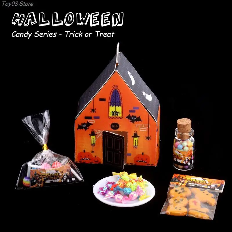 

1Set 1:12 Dollhouse Miniature Halloween Candy House Biscuit Fries Fruit Candy Lollipop Model Doll House Scene Decor Accessories