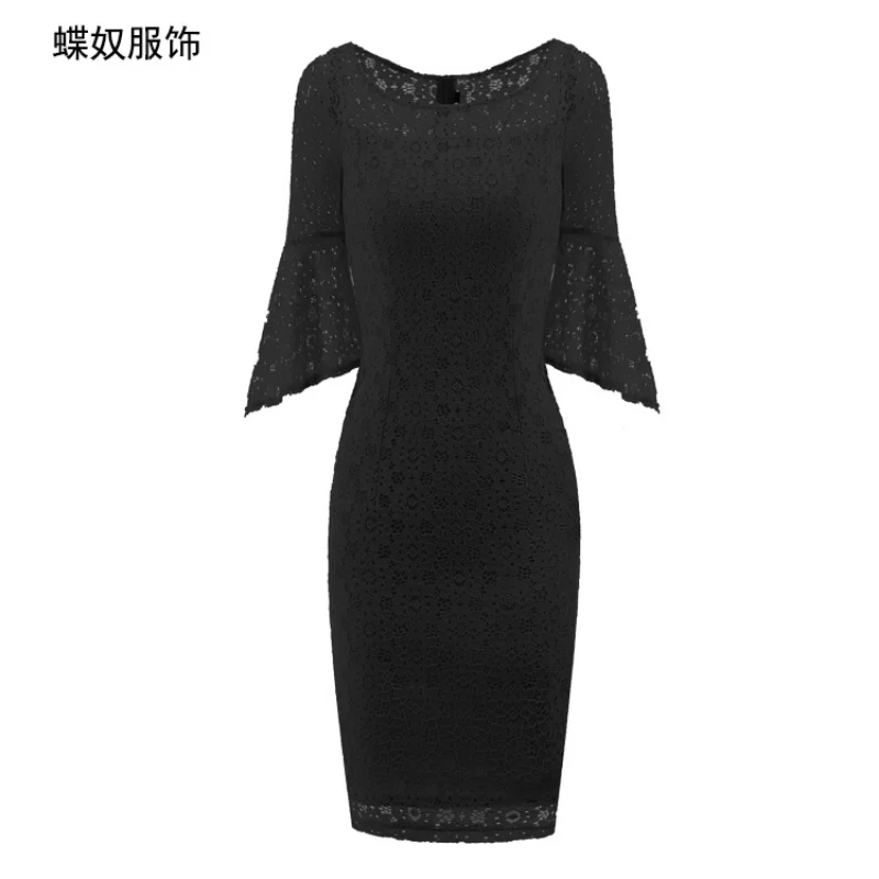 

European and American women's round neck flared sleeve black lace buttocks pencil dress dress for women dresses