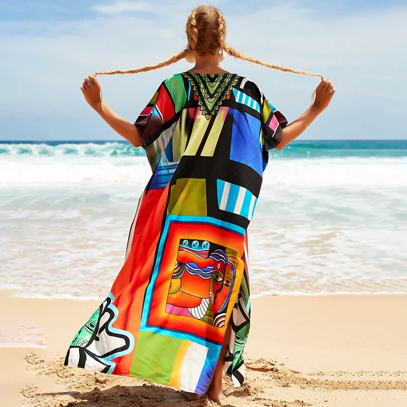 Plus Size Swimsuit Kaftans Beach Cover Ups Colorful Outfits Dress Bathing Suit for Women Vacation Outfits 3