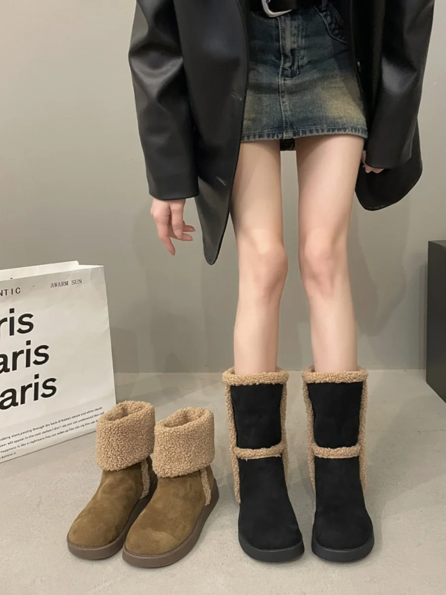 

Winter Boots With Fur Female Shoes Round Toe Flat Heel Australia Boots-Women Plush Ladies Low Leather Snow 2024 Lolita